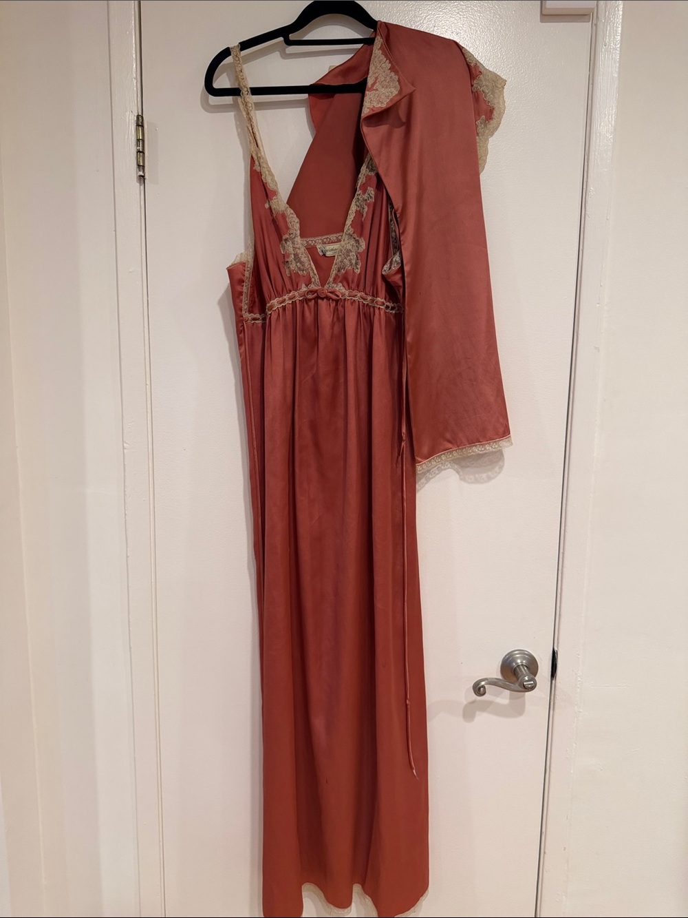 Vintage 70s Dior Pink Rust Two Piece Set Satin Chemise and Robe Jacket